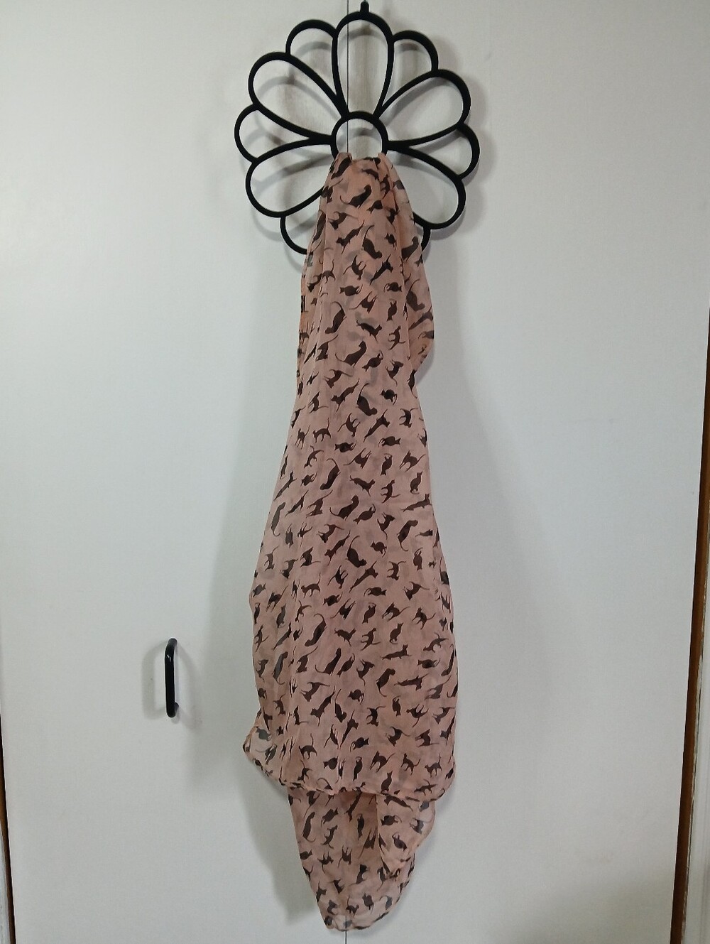 Blush Pink Chiffon Scarf Black Cat Print Oblong Sheer Lightweight Neckwear